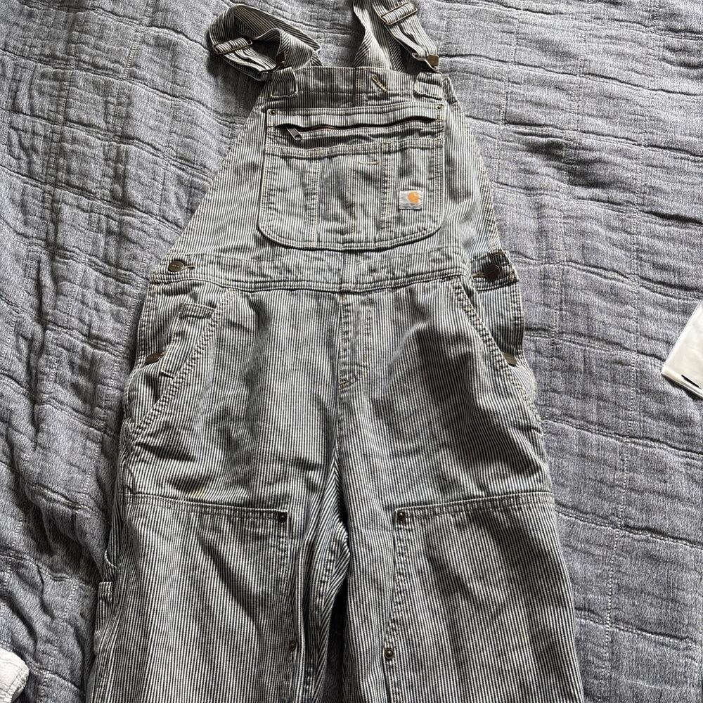Carhartt women's relaxed fit denim railroad stripe bib overalls S 4-6